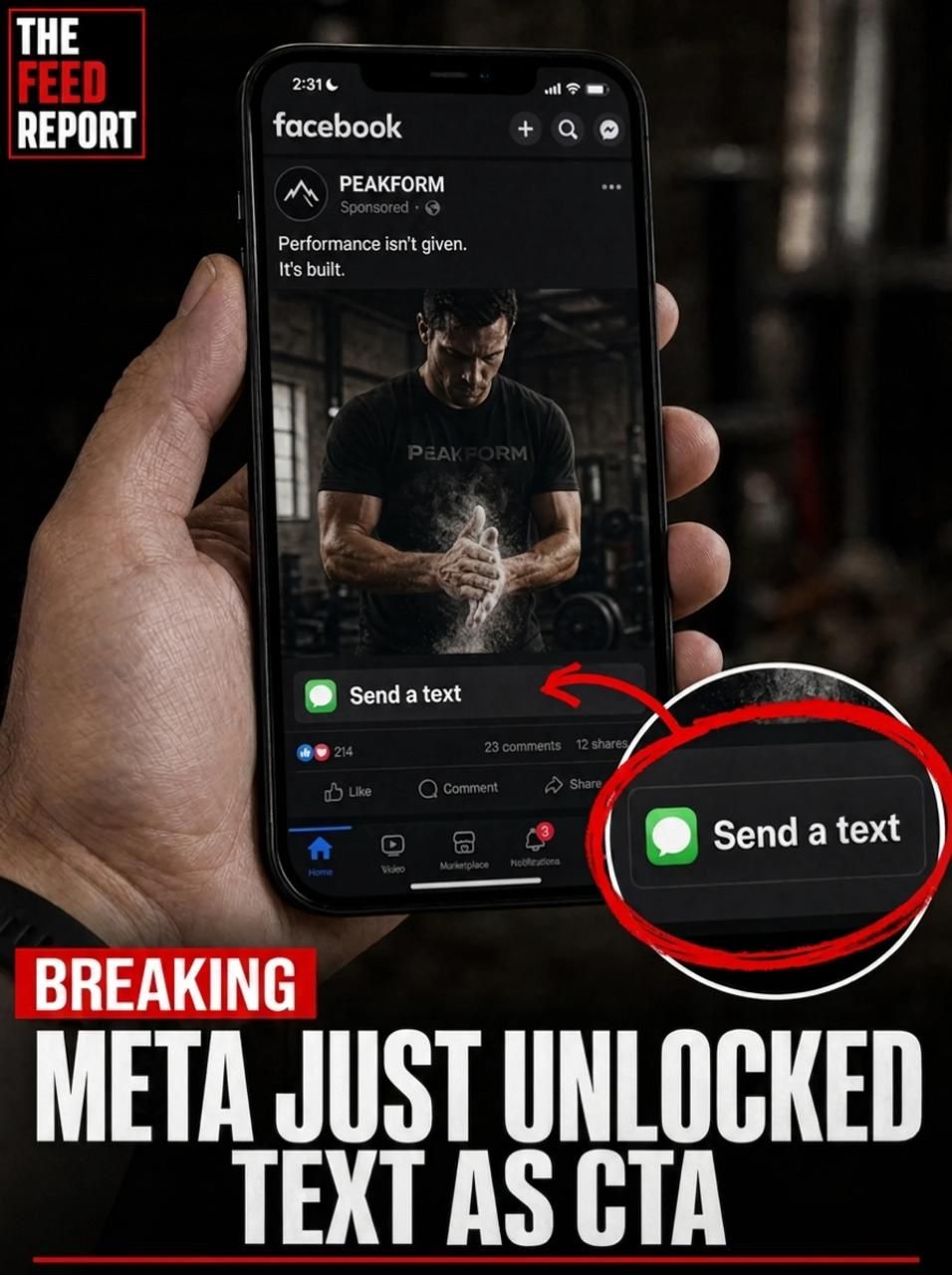 A hand holding an iPhone showing a Facebook ad with a Send a text call-to-action button
