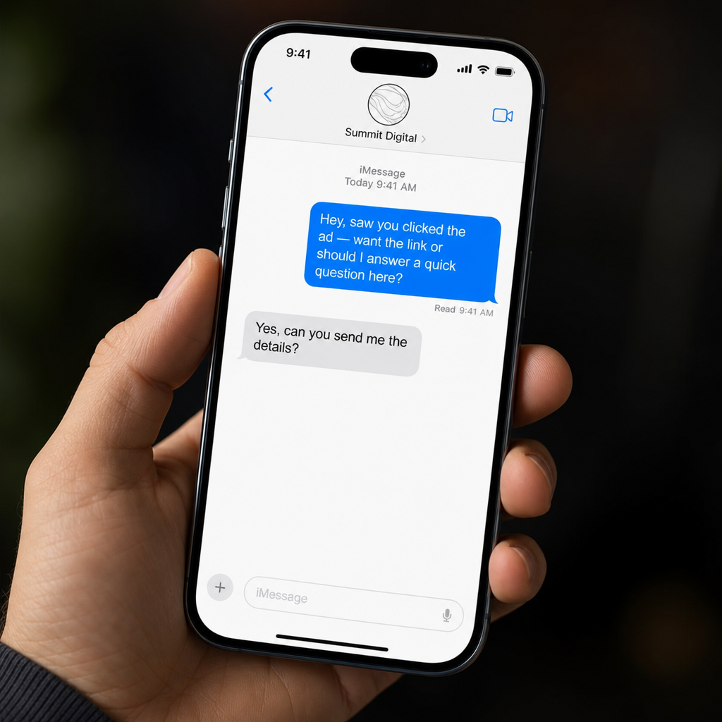 An iPhone showing an iMessage conversation with a business