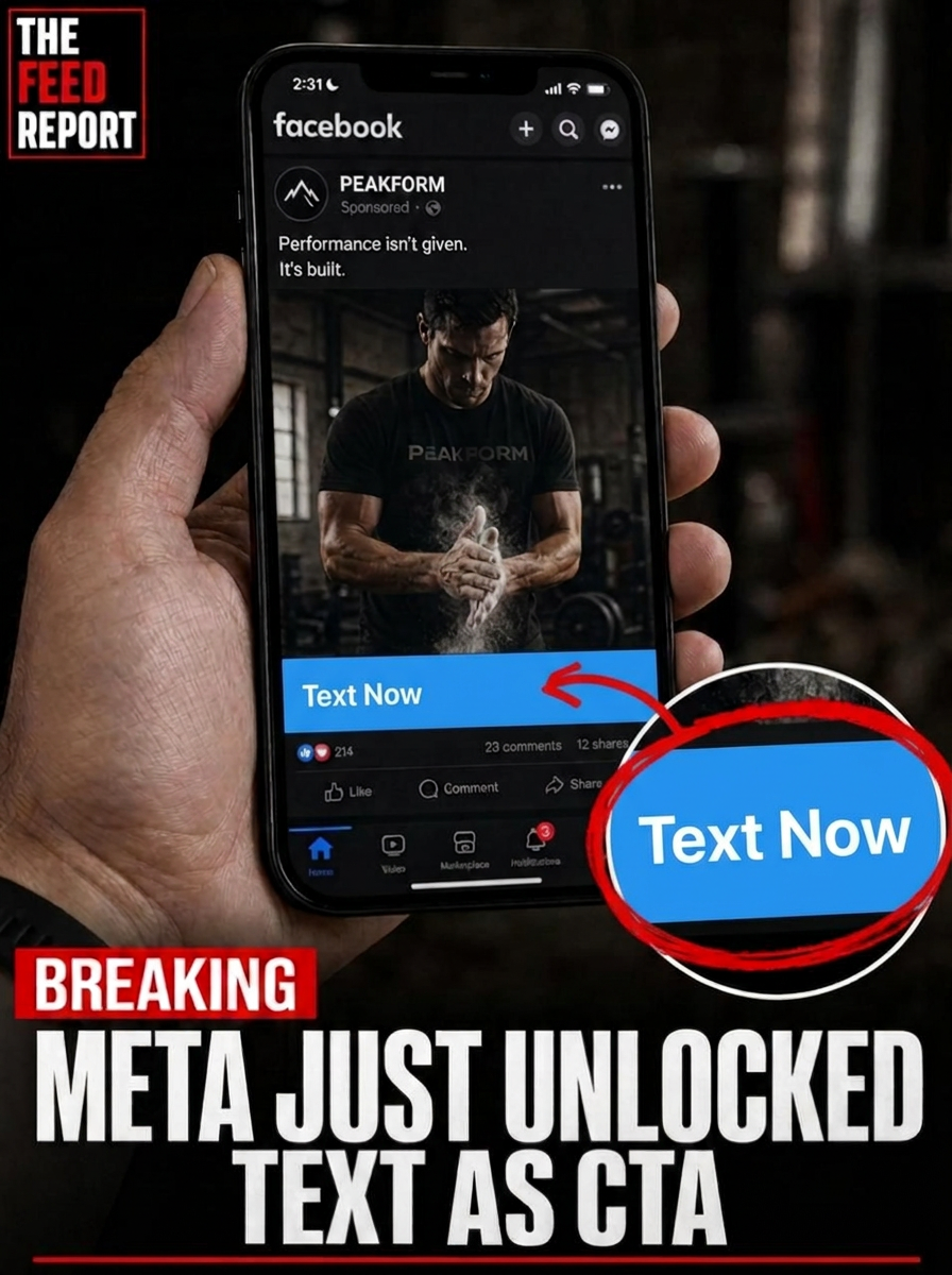 A hand holding an iPhone showing a Facebook ad with a Text Now call-to-action button