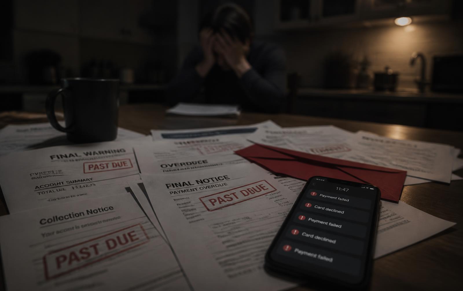 Overdue debt notices stamped past due on a table beside a phone showing payment failed texts