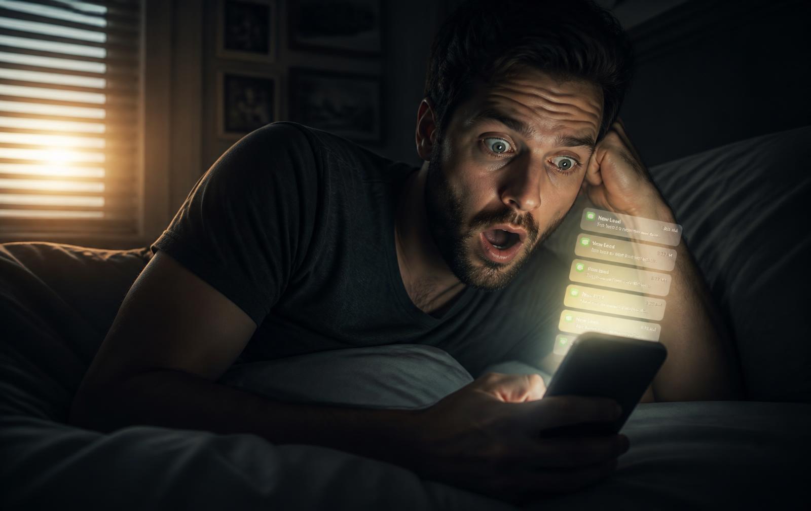 A man in bed at dawn staring astonished at his phone as lead notifications stack up