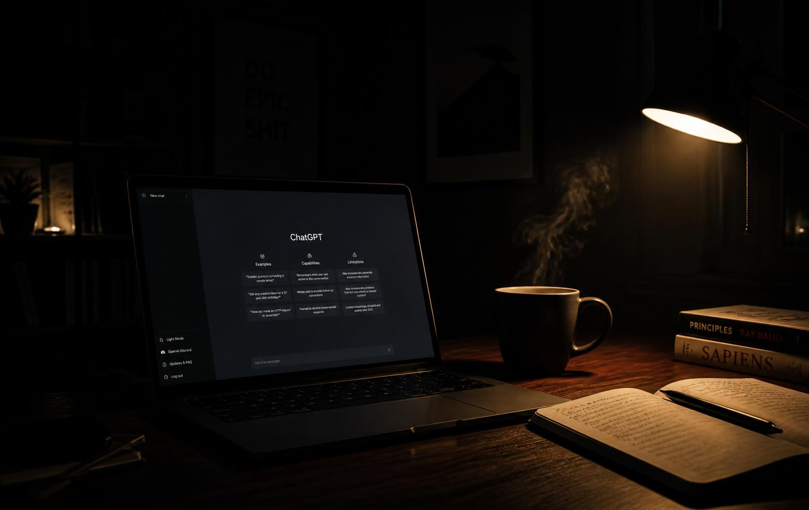 A late-night desk with a laptop open to a minimal AI chat interface and a cup of coffee