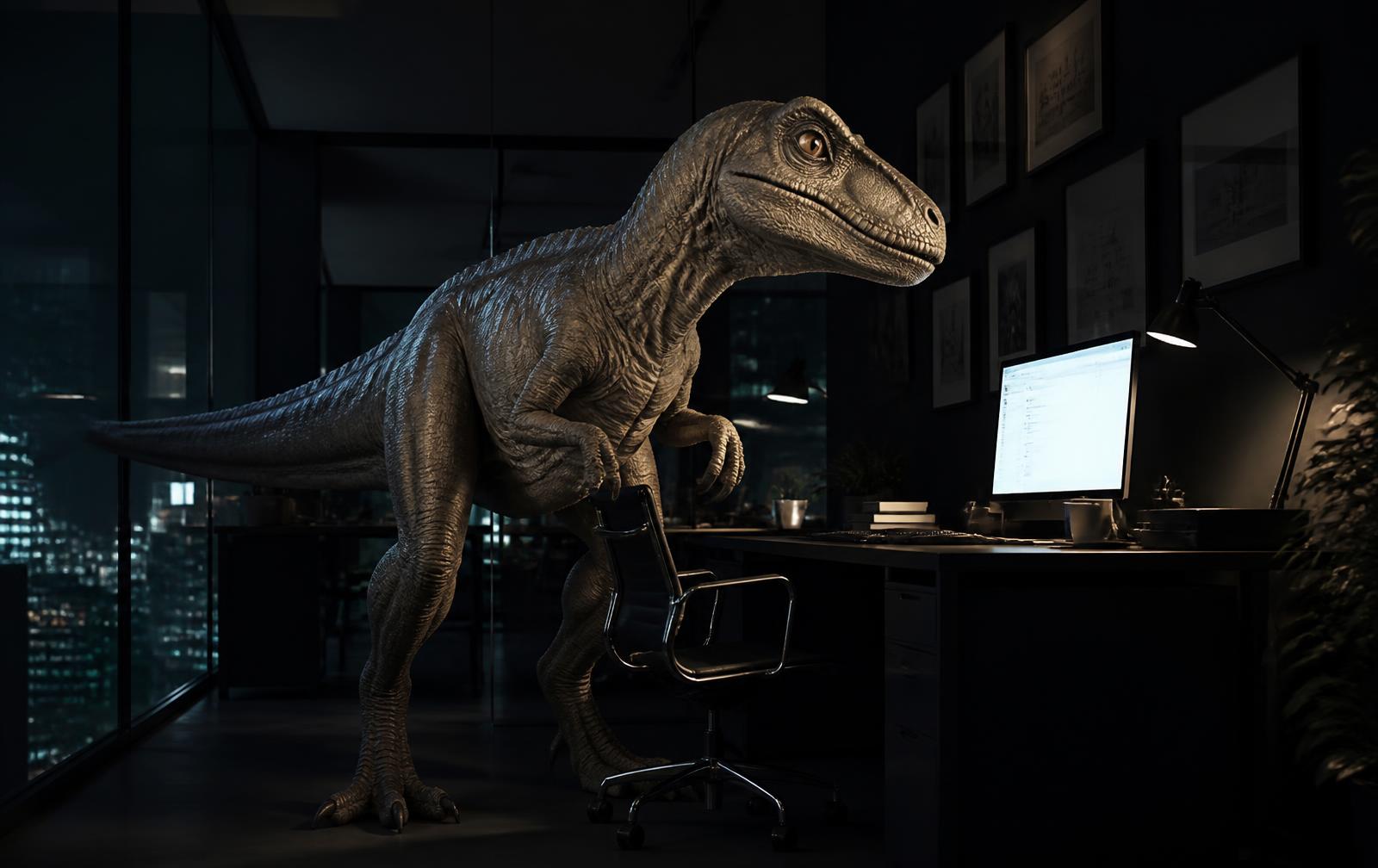 A dinosaur standing in a modern dark office next to a glowing computer screen